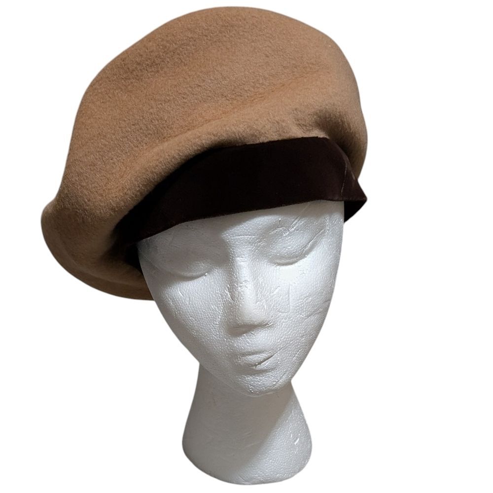 Vintage Utah Tailoring Mills felt beret with velvet trim OSFM tan brown classic - Picture 7 of 7